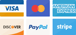 Seis logotipos de métodos de pago: Visa, Mastercard, American Express, Discover, PayPal y Stripe, mostrados en una cuadrícula con fondos de colores.
