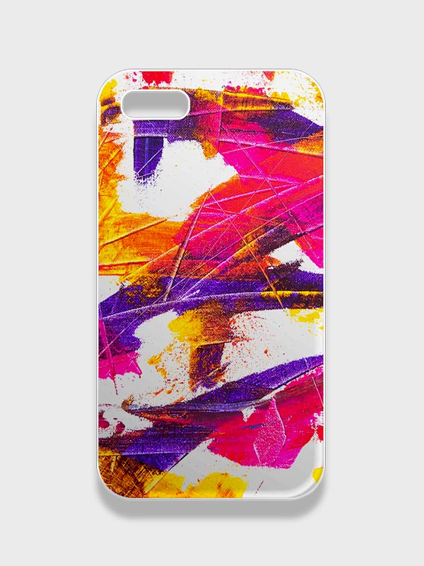 Una funda de teléfono con un diseño abstracto de pinceladas de colores en naranja, morado, magenta, amarillo y blanco sobre un fondo gris claro.