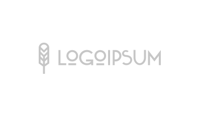 Logotipo minimalista con un sencillo icono de trigo a la izquierda y la palabra LOGOIPSUM en letras mayúsculas de color gris claro sobre fondo blanco.