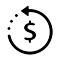 Icono en blanco y negro de un signo de dólar dentro de una flecha circular, que representa una garantía de reembolso, devolución o retorno del dinero.