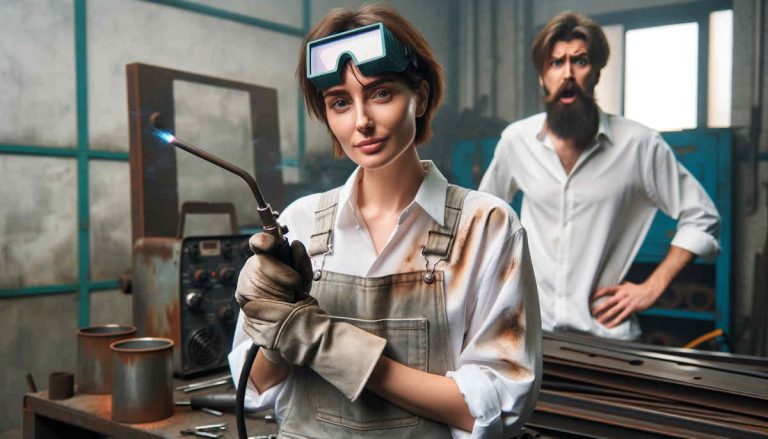 Mujer soldadora con manchas de oxido en la ropa