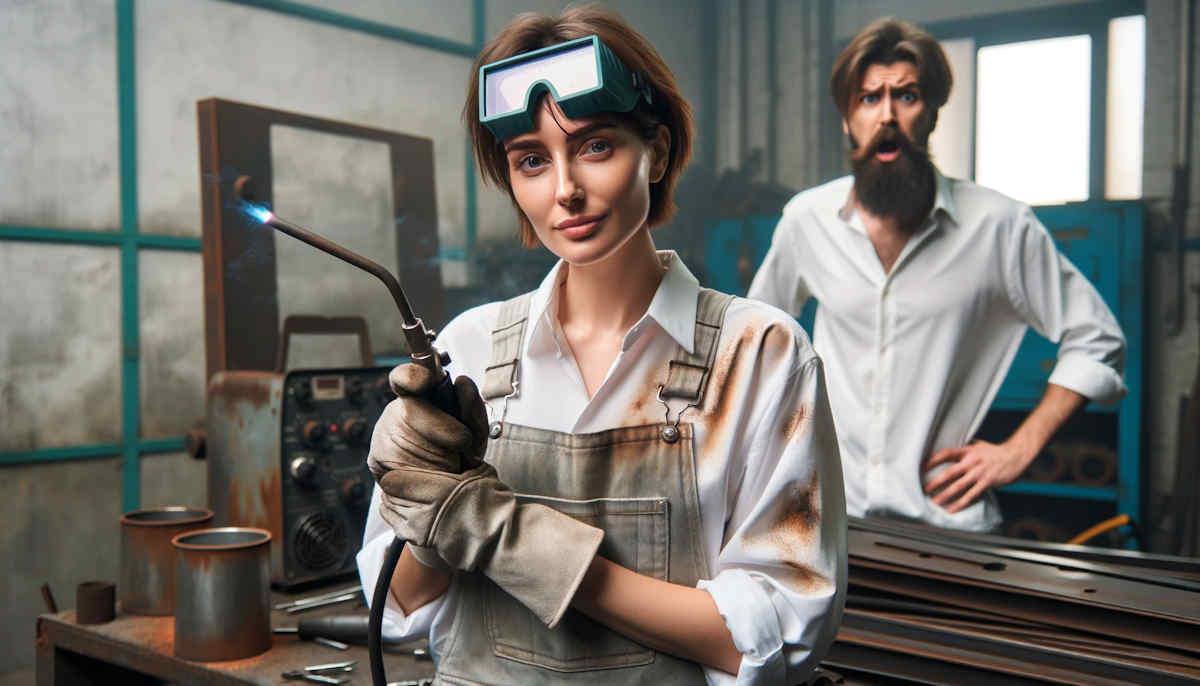 Mujer soldadora con manchas de oxido en la ropa