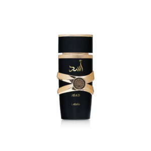 Frasco de 100 ml de Lattafa Asad EDP en negro y dorado con escritura árabe, una banda decorativa dorada y un emblema circular en el centro, sobre fondo blanco.