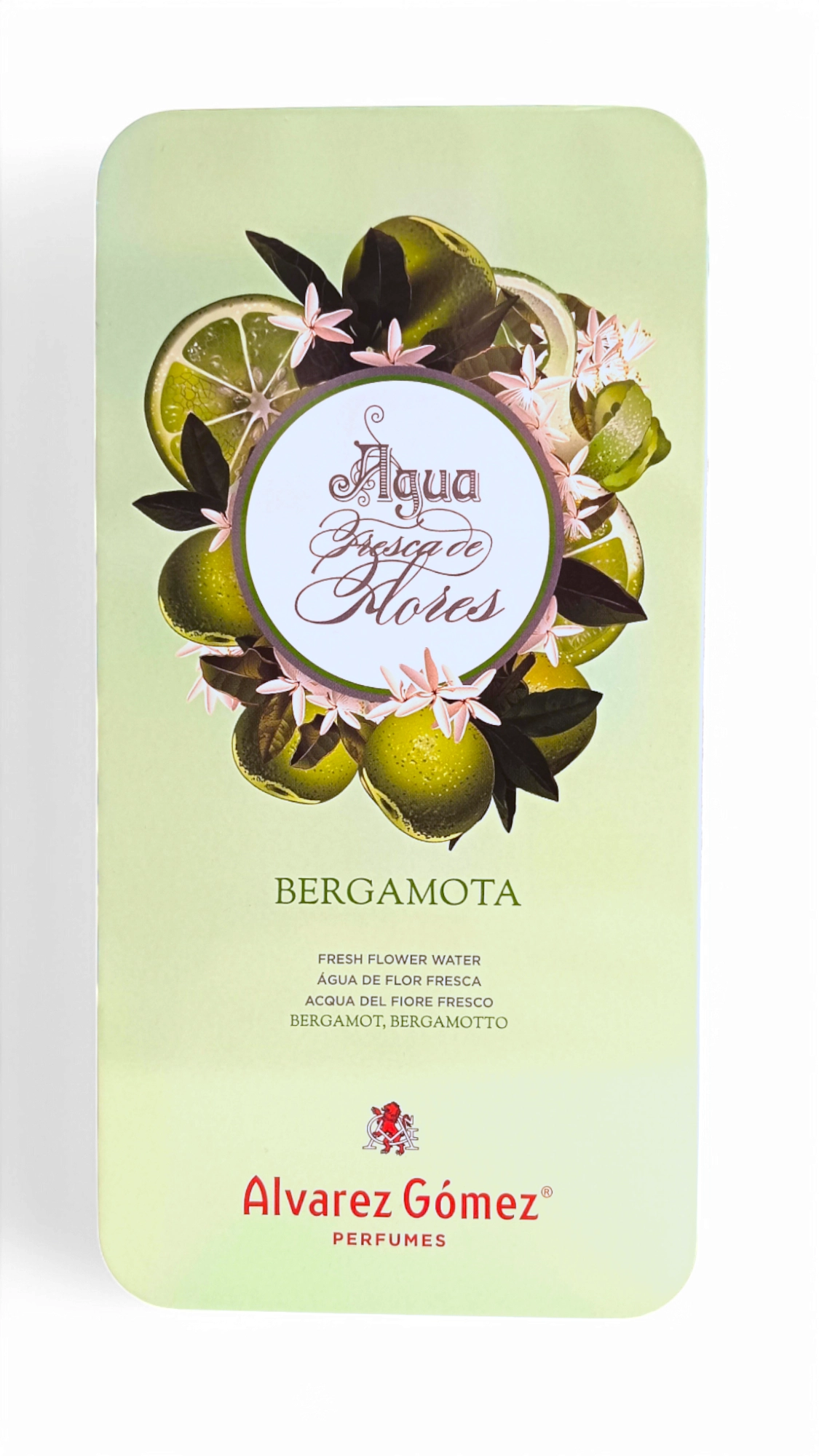Lata rectangular de Alvarez Gomez Bergamota EDT 175ml Lata ed., decorada con frutos de bergamota, hojas verdes y flores rosas sobre un fondo verde pálido.