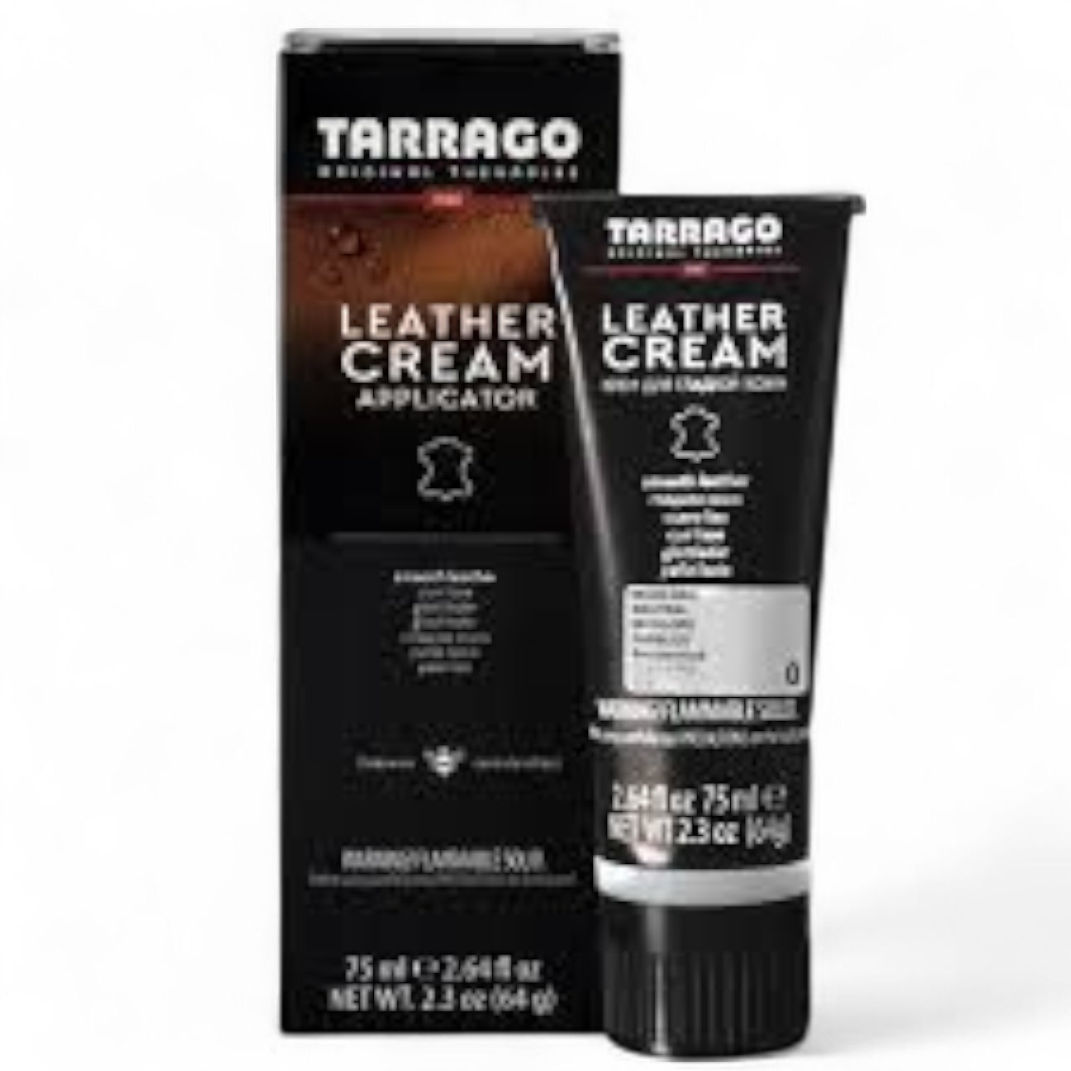 Un tubo negro de Crema Betún Tarrago para Cuidado del Cuero y la Piel, 75 ml, frente a su caja negra a juego, ambas con texto en blanco y naranja.