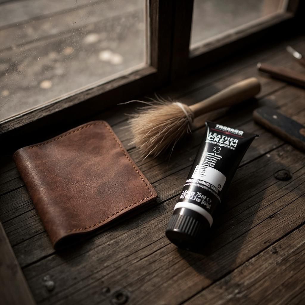 Una cartera de cuero marrón, un tubo de Crema Betún Tarrago para Cuidado del Cuero y la Piel, un cepillo y un pequeño cuchillo están dispuestos sobre una superficie rústica de madera junto a una ventana.