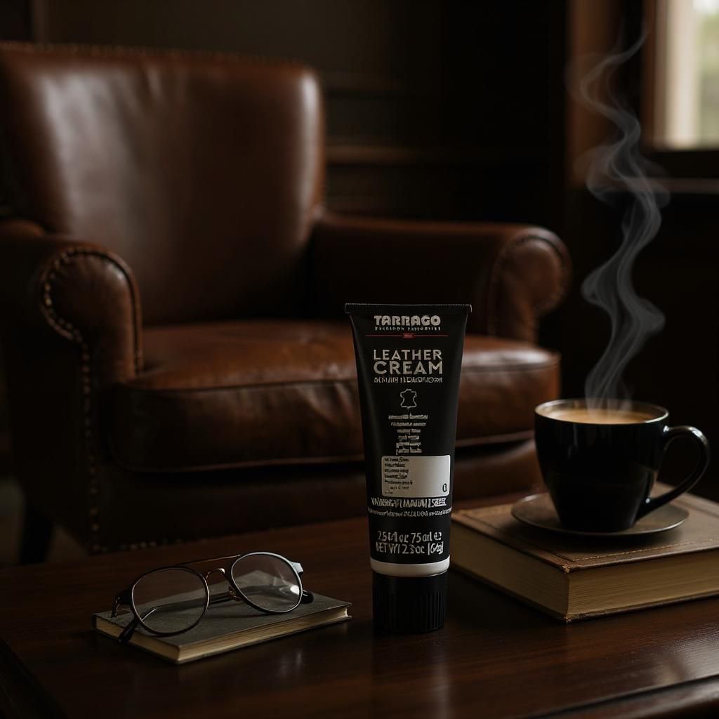 Un tubo de Crema Betún Tarrago para Cuidado del Cuero y la Piel está sobre una mesa de madera junto a una taza de café humeante, unos libros apilados y unas gafas, con un sillón de cuero al fondo.