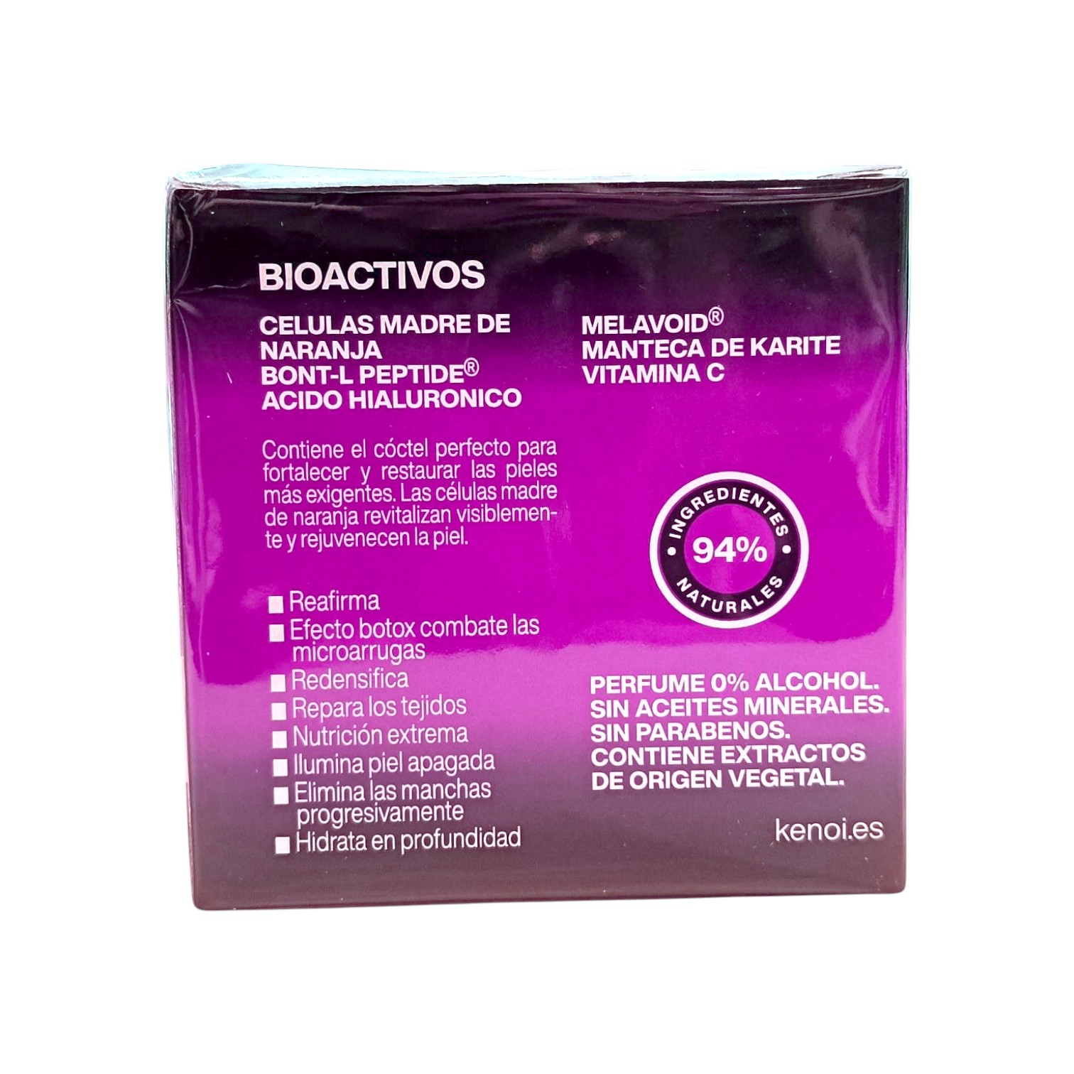 La Supreme Multi-intensive crema antiedad 50ml de Kenoi se presenta en un estuche morado con células madre de naranja, ácido hialurónico, manteca de karité y vitamina C. Contiene un 94% de ingredientes naturales y destaca sus beneficios reafirmantes de la piel.