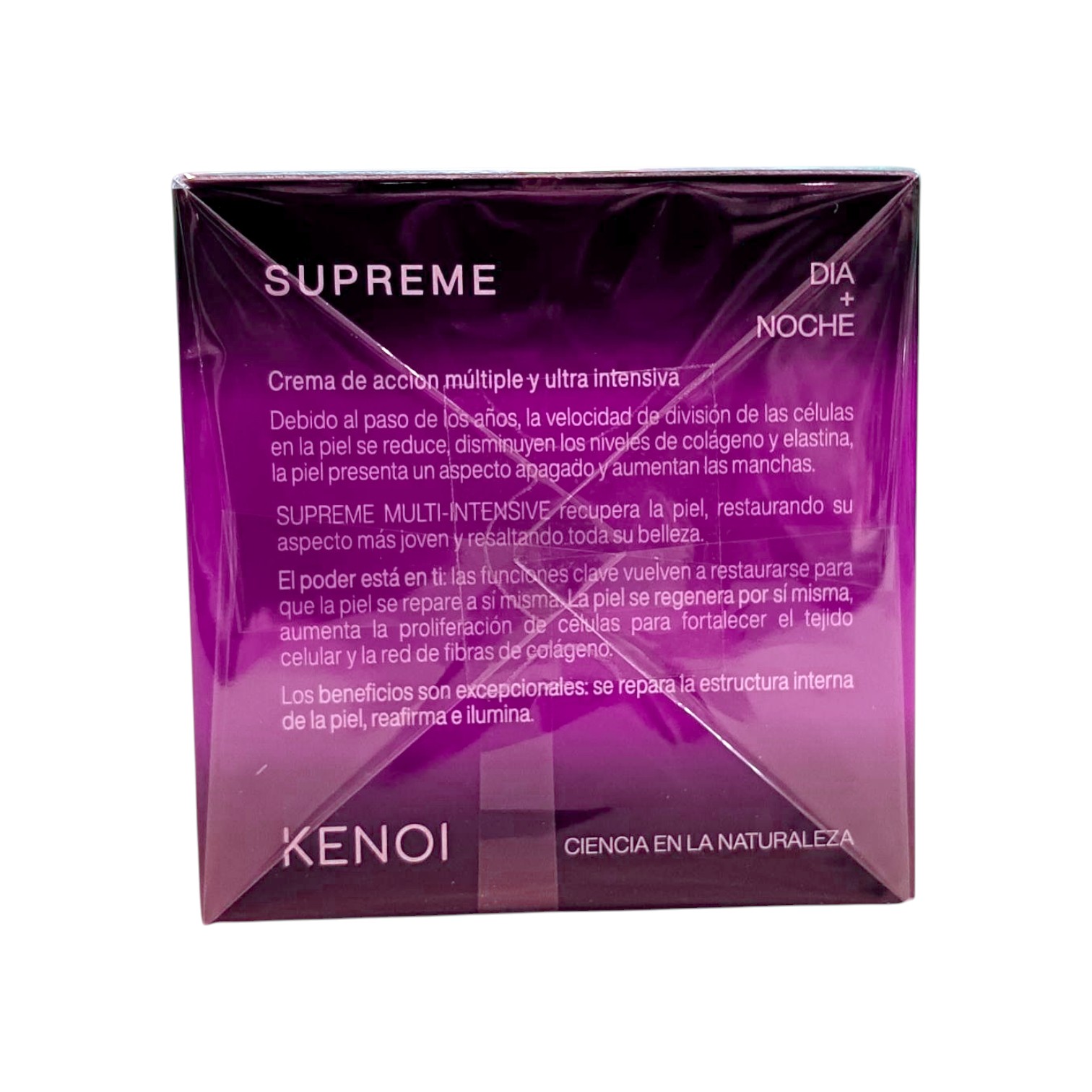 En una caja morada y rosa con la etiqueta "Kenoi Supreme Multi-intensive crema antiedad 50ml" aparece un texto en español sobre su uso diurno y nocturno. La marca Kenoi y la frase "Ciencia en la naturaleza" aparecen en la parte inferior.