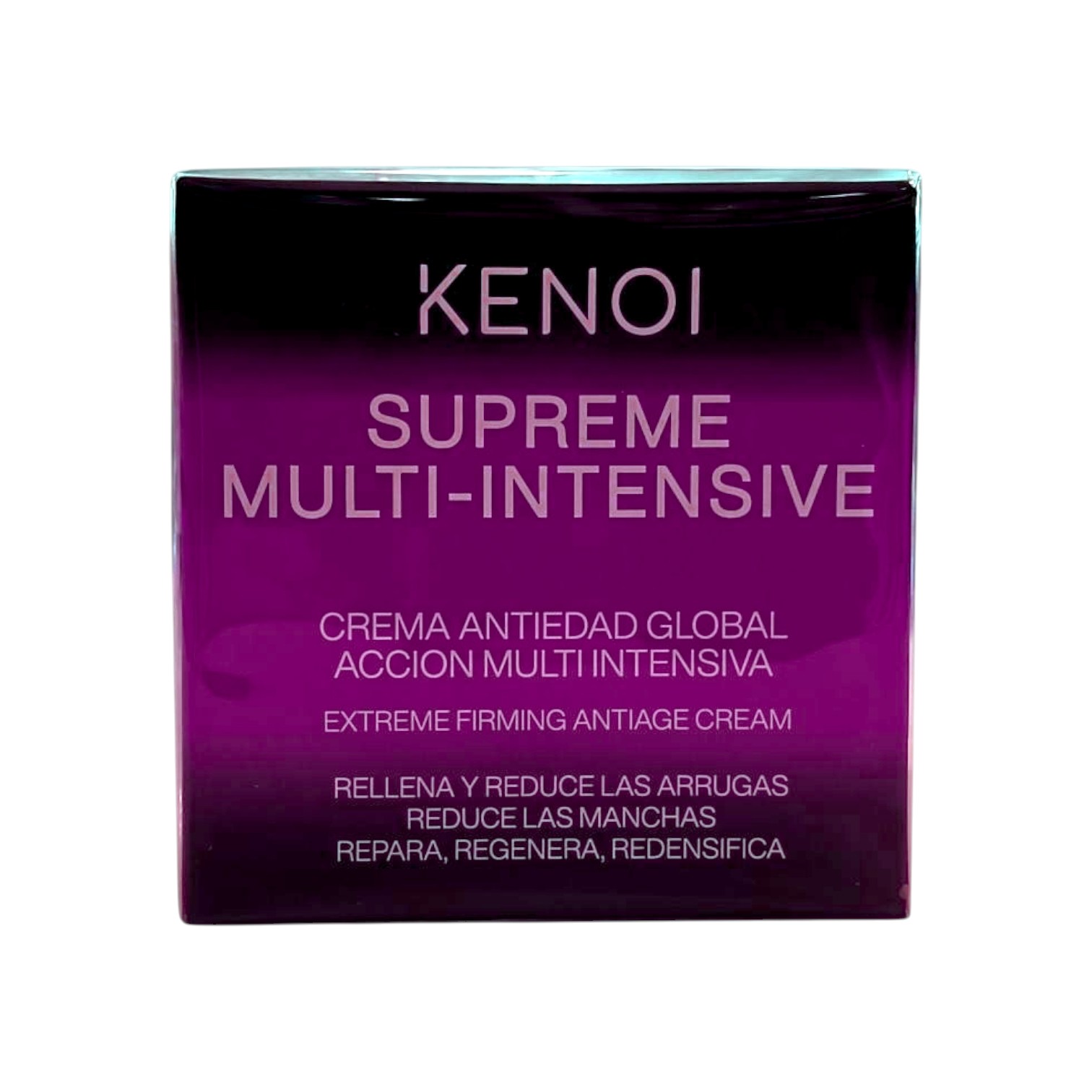 Una caja morada y negra etiquetada como Kenoi Supreme Multi-intensive crema antiedad 50ml, con texto en español e inglés sobre sus beneficios globales reafirmantes, reductores de arrugas y reparadores de la piel.