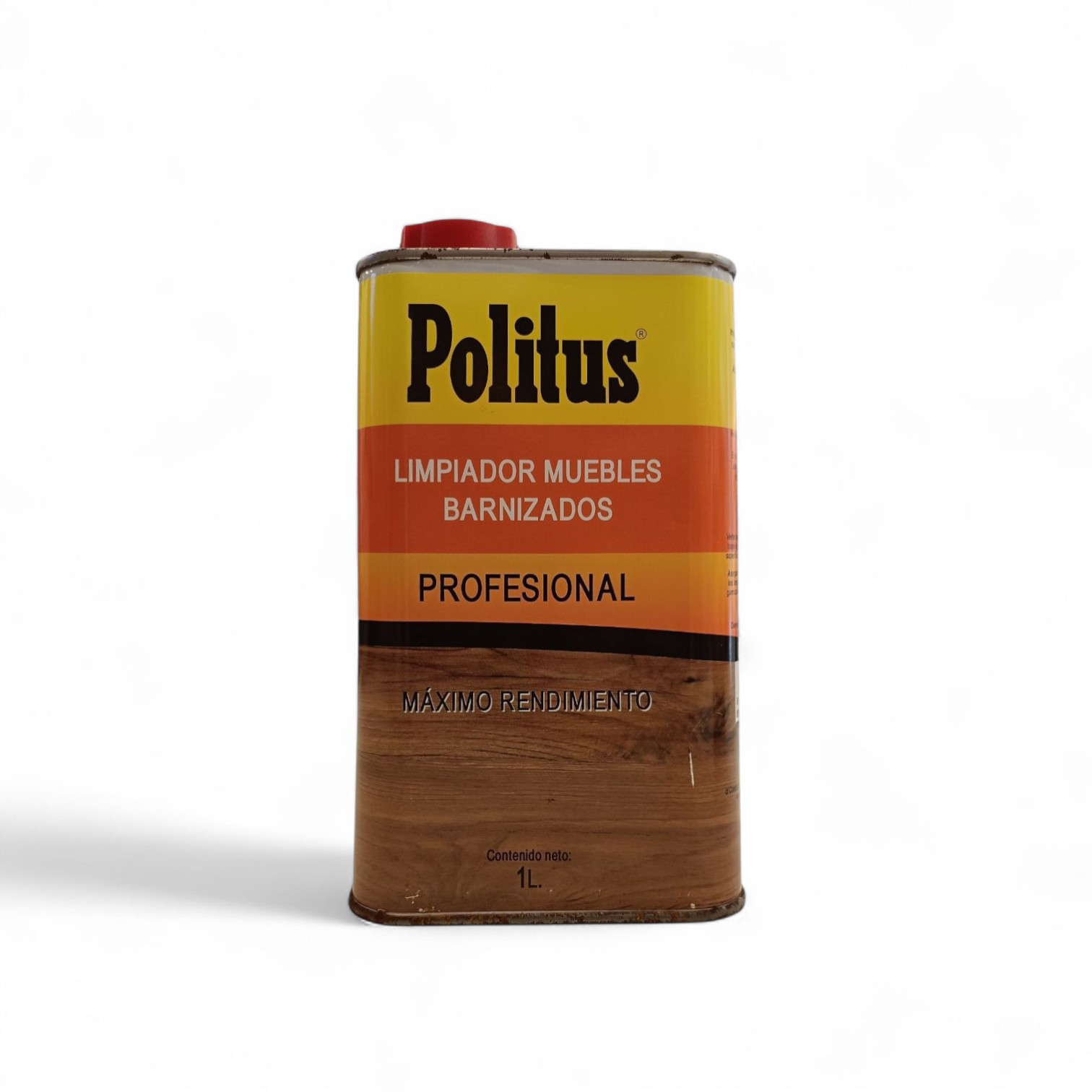Una lata metálica de 1000 ml de Politus limpiador muebles barnizados presenta una etiqueta amarilla, naranja y marrón con un tapón rojo, marcado Profesional y Máximo Rendimiento.