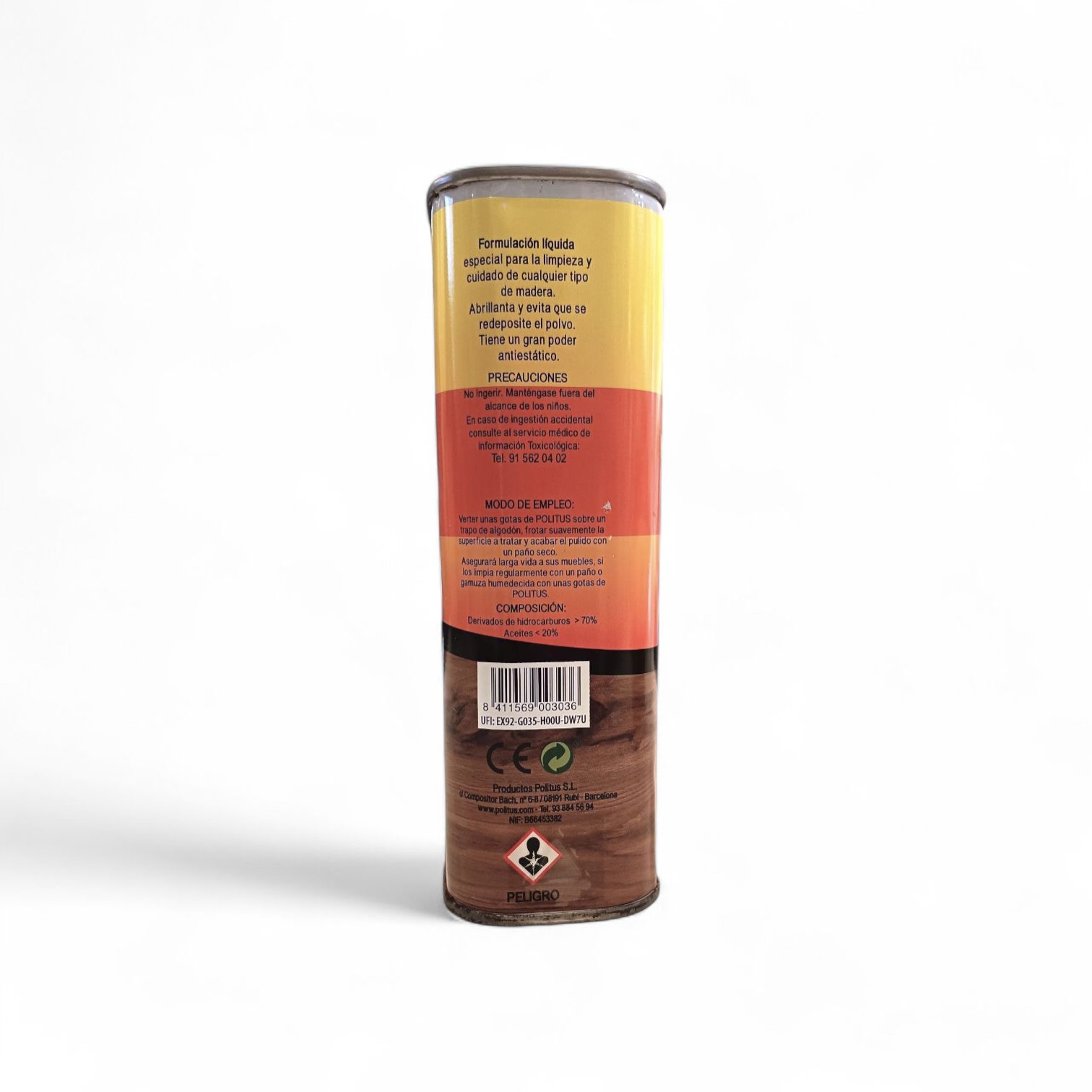 Envase cilíndrico de Politus limpiador muebles barnizados lata 1000ml con etiqueta marrón y amarilla en español con símbolos de seguridad, instrucciones de uso y las palabras PELIGRO y COMPOSICIÓN en la parte inferior. Tiene una tapa de color plateado.