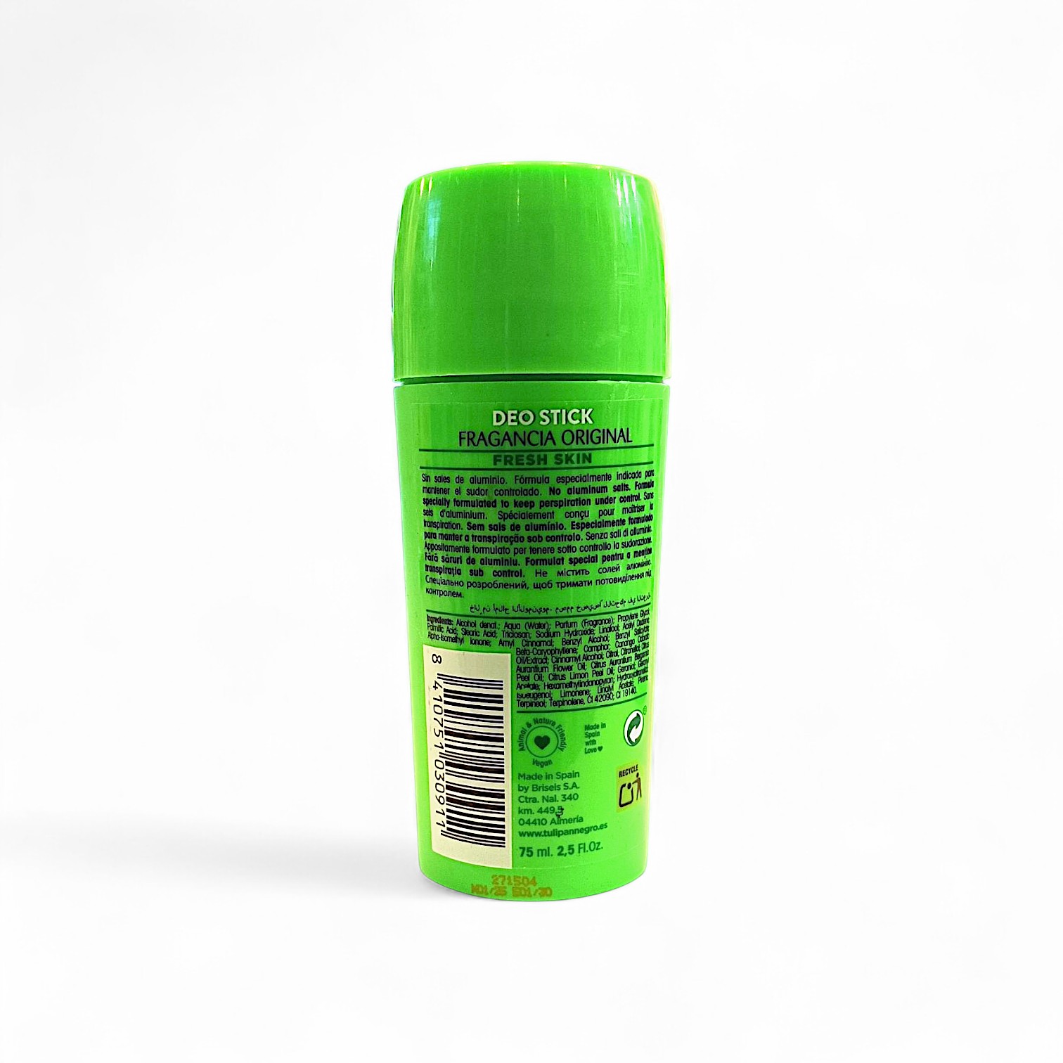 Un desodorante en barra de color verde aparece de pie sobre un fondo blanco, mostrando la contraetiqueta con la información del producto, los ingredientes y los códigos de barras impresos en texto negro.