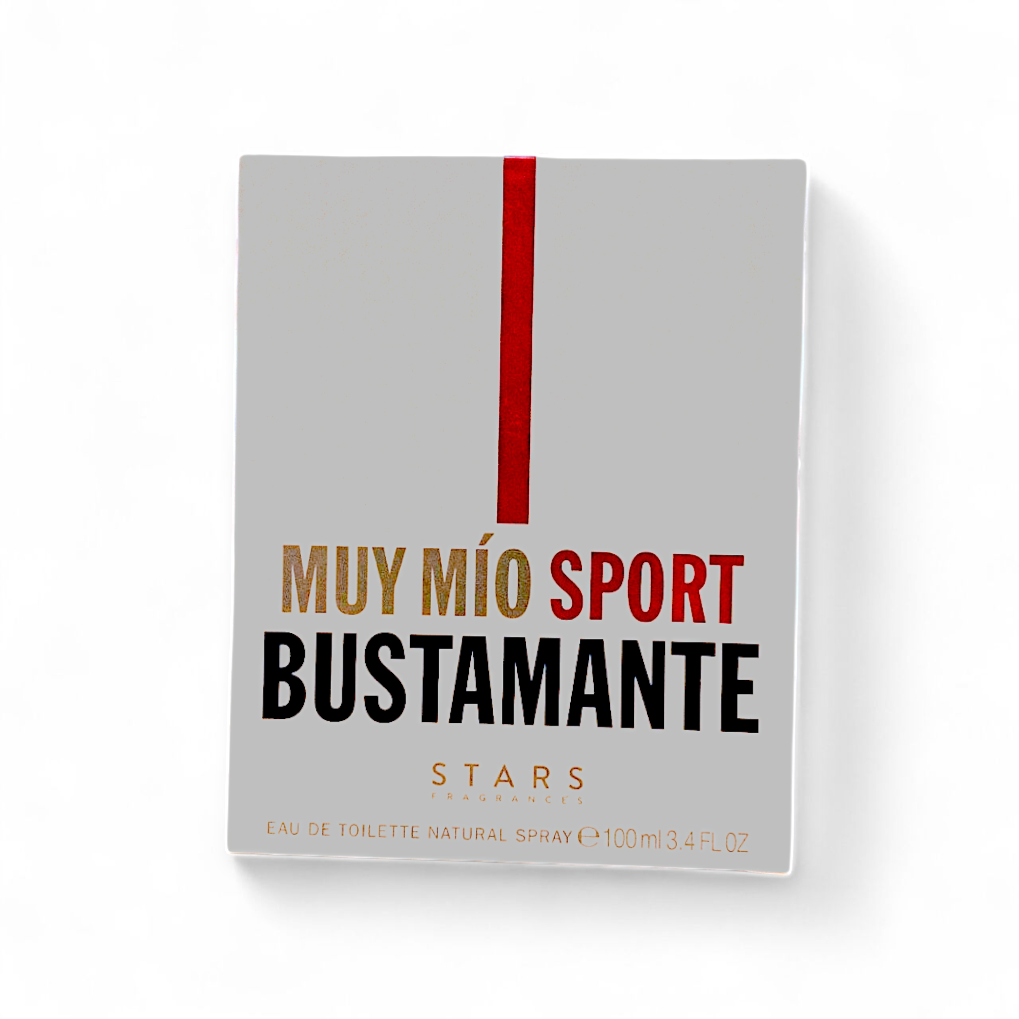Una caja rectangular etiquetada Bustamante Muy mio EDT 100 + 10ml presenta una atrevida franja vertical roja, texto dorado, rojo y negro sobre fondo gris claro, e indica que se trata de un Eau de Toilette.