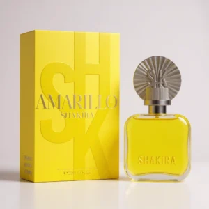 Un estuche de perfume amarillo Shakira Amarillo EDP de 50 ml se encuentra junto a un frasco a juego con SHAKIRA en la parte delantera y un tapón plateado texturizado con SK en relieve, más BL de 75 ml.