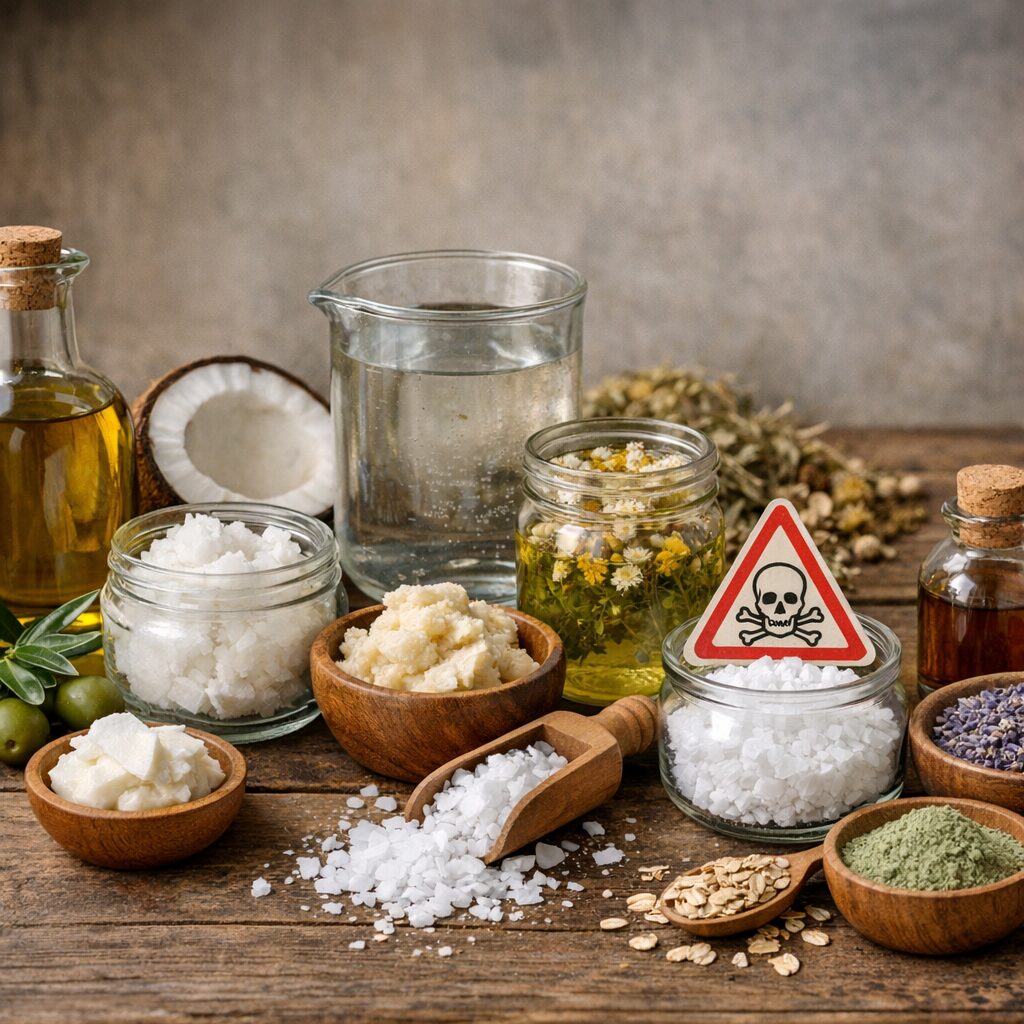 Sobre una mesa de madera se exponen diversos ingredientes naturales y aceites en tarros y cuencos. Un tarro de cristales blancos tiene un cartel de advertencia con una calavera y dos tibias cruzadas, que indica que puede ser tóxico o peligroso.