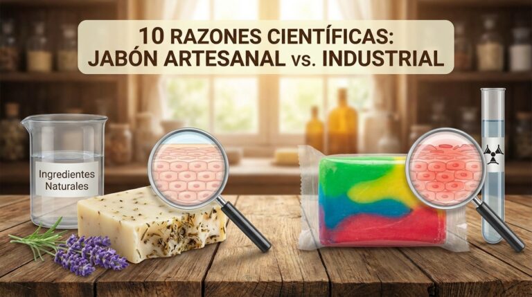 Imagen comparativa que muestra ingredientes naturales y jabón artesanal a la izquierda, y jabón industrial de colores y productos químicos a la derecha. El texto dice 10 razones científicas: jabón artesanal vs. industrial.