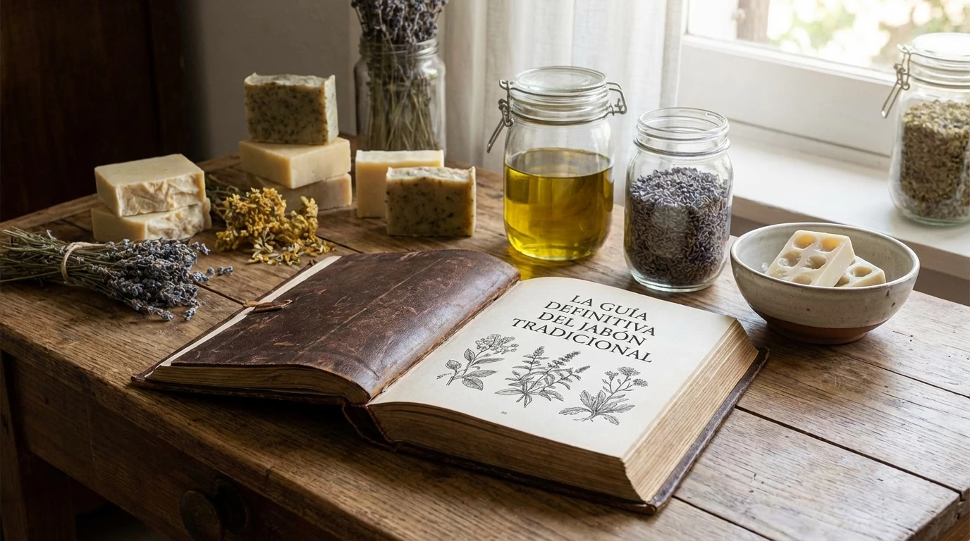 Un viejo libro abierto titulado La Guía Definitiva del Jabón Tradicional descansa sobre una mesa de madera con tarros de aceite y semillas, hierbas secas y pastillas de jabón artesanal cerca de una ventana iluminada por el sol.