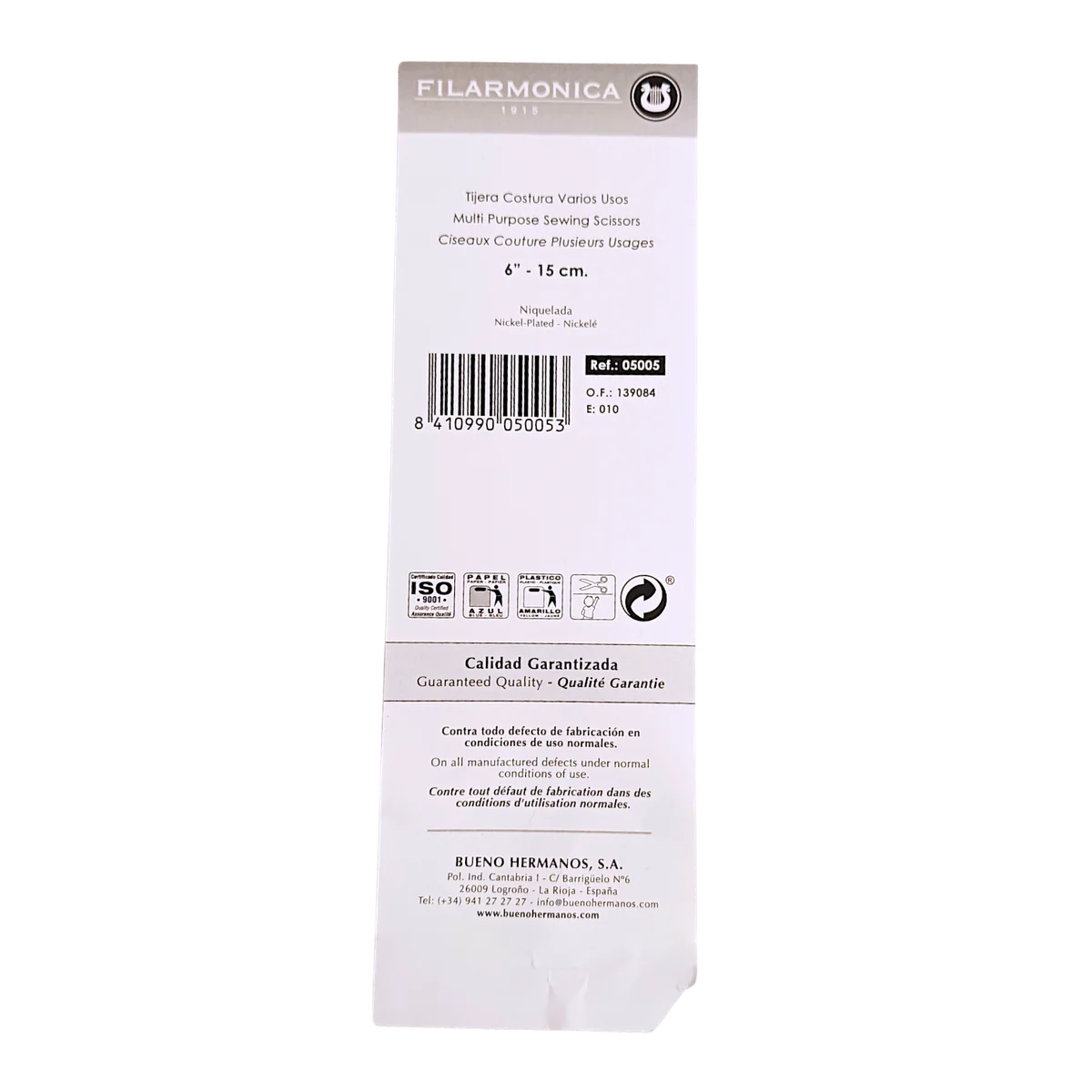 Embalaje blanco para tijeras de la marca Filarmonica, con texto bilingüe (español e inglés), código de barras, iconos de certificación, número de referencia del producto y datos de la empresa en la parte inferior.