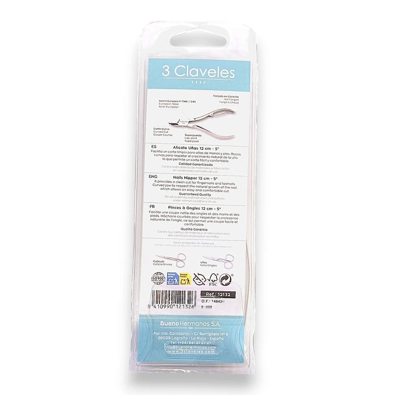 Reverso de un envase de un alicate de uñas 3 Claveles, con detalles del producto en varios idiomas, un código de barras, información sobre la empresa y pequeñas ilustraciones del alicate y las tijeras de uñas sobre un fondo blanco y azul claro.