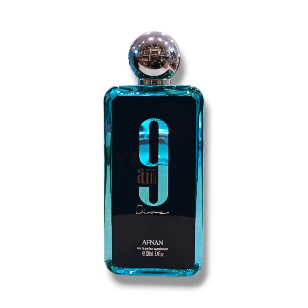 Afnan 9AM Dive EDP 100ml es un frasco de perfume rectangular de color turquesa, con tapón redondo metálico y etiqueta negra minimalista con texto plateado.