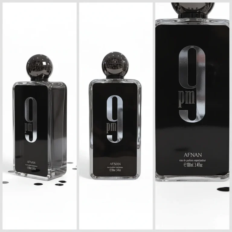 Un frasco de perfume negro con la etiqueta "9 pm" de Afnan, mostrado desde tres ángulos sobre un fondo blanco con confeti negro disperso. El frasco tiene un tapón esférico negro y texto plateado en la parte delantera.