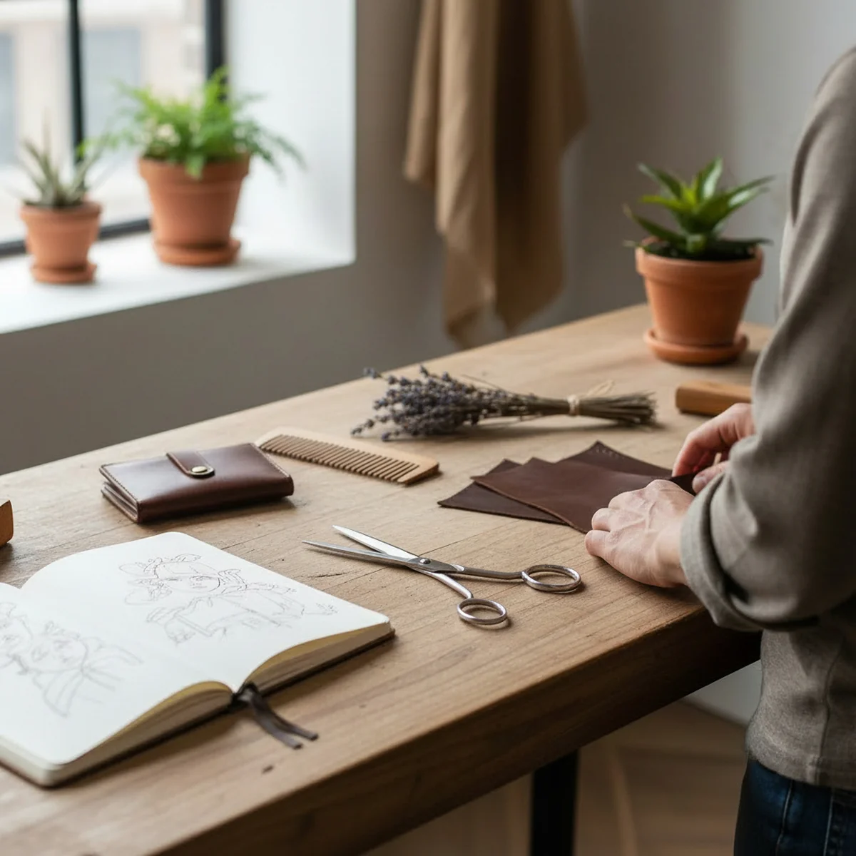 Una persona está de pie ante una mesa de madera con tijeras, tela, un cuaderno de dibujo, lavanda seca, una cartera y un peine. Al fondo, en el alféizar de una ventana, hay plantas en macetas.