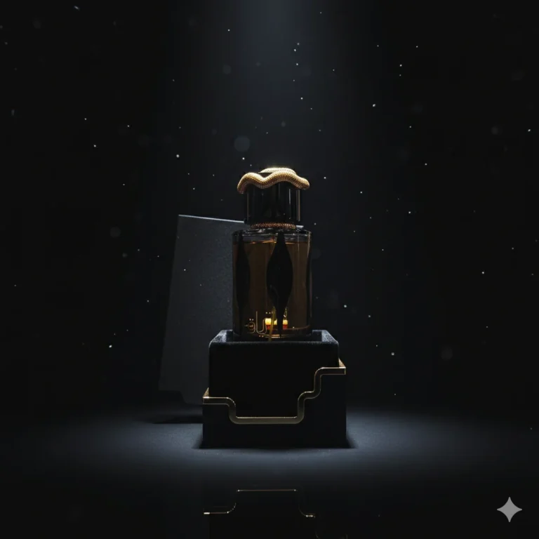 Un lujoso frasco de perfume oscuro con detalles dorados se destaca sobre un pedestal negro, rodeado de suaves partículas sobre un fondo oscuro, creando una atmósfera elegante y misteriosa.
