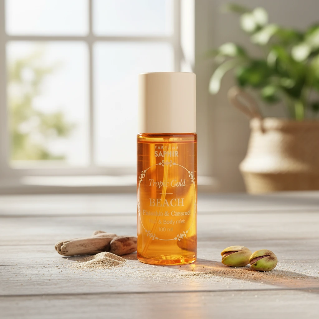 Una botella de bruma corporal con la etiqueta "Tropic Gold BEACH" está sobre una mesa junto a pistachos y trozos de madera, con una ventana iluminada por el sol y una planta en el fondo borroso.