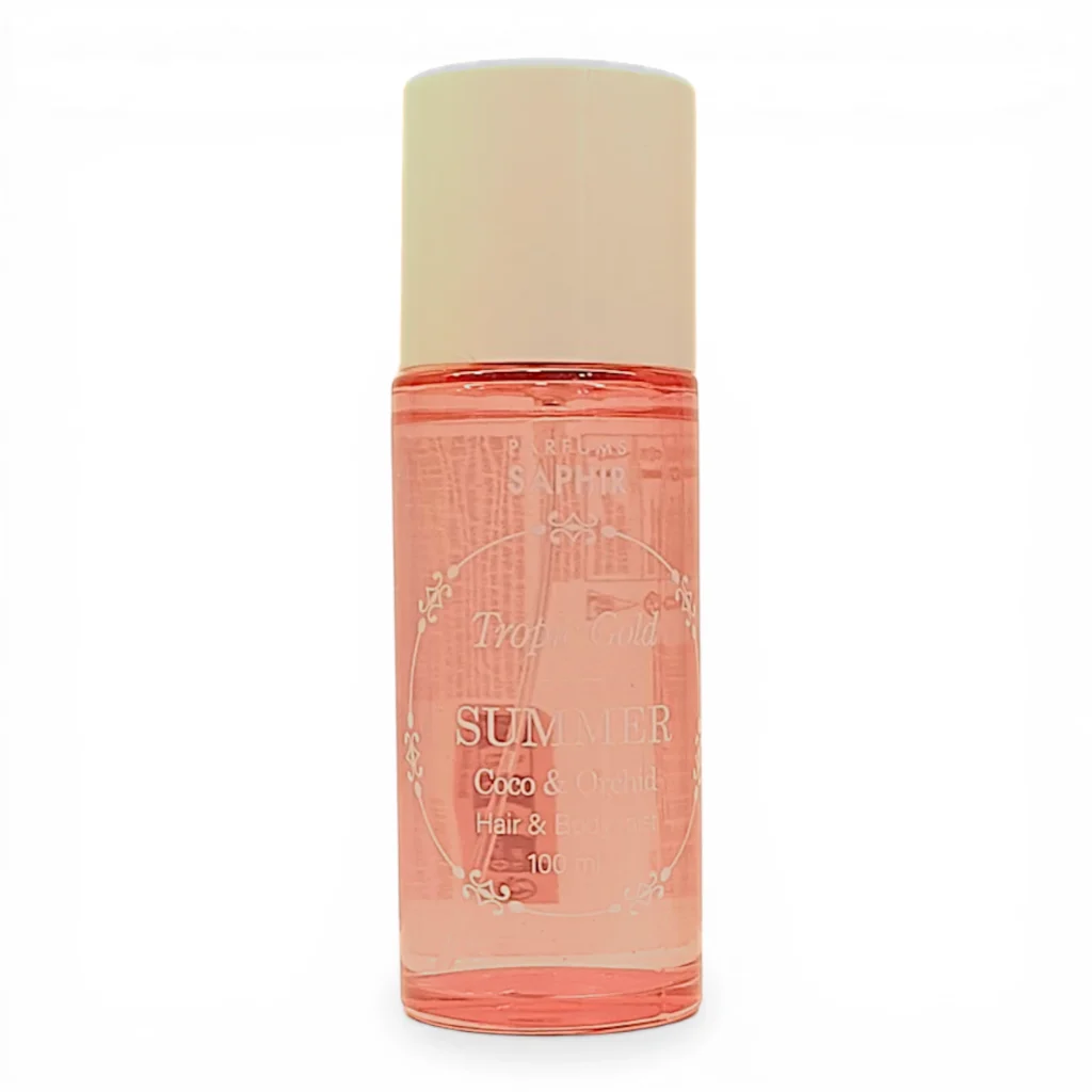 Frasco transparente con líquido rosa claro etiquetado "SUMMER Coco & Orchid Hair & Body" y tapón color crema, sobre fondo blanco.