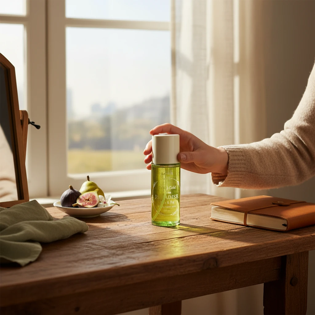 Una mano busca una botella de cristal verde en una mesa de madera junto a un cuaderno, higos, una pera y un espejo, con la luz del sol entrando por una ventana al fondo.
