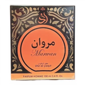 Un estuche de perfume con motivos ornamentales en negro y dorado que incluye Marwan en árabe e inglés, Utūr al-yaqut y PARFUM HOMME 100 ml 3.4 Fl. Oz. en una etiqueta circular naranja en el centro.
