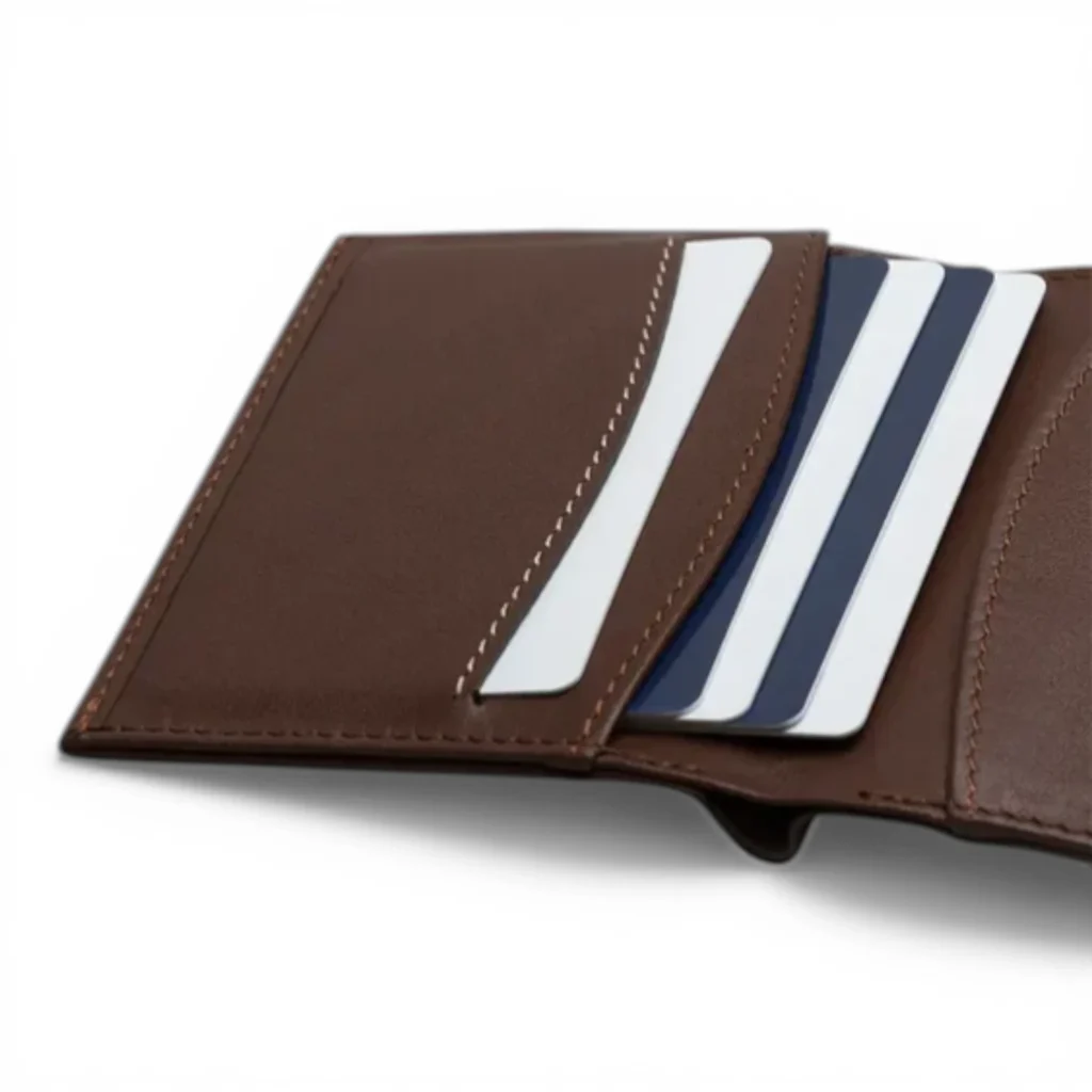 Una cartera de cuero marrón está abierta, mostrando varias tarjetas blancas y azules ordenadas en sus ranuras sobre un fondo blanco.