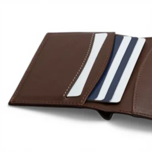 Una cartera de cuero marrón está abierta, mostrando varias tarjetas blancas y azules ordenadas en sus ranuras sobre un fondo blanco.