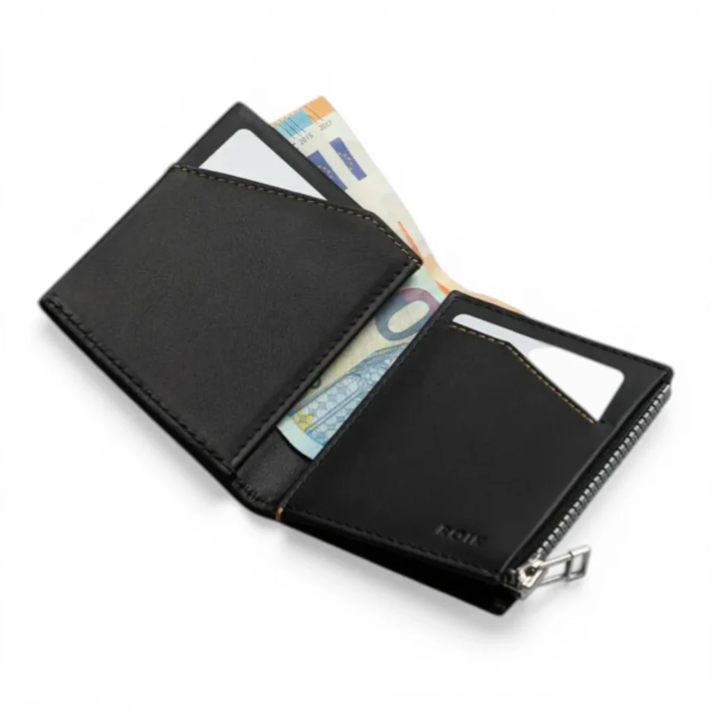 Una cartera de cuero negro abierta, con billetes de euro y dos tarjetas en sus compartimentos. Una cremallera está parcialmente abierta en el lado derecho.